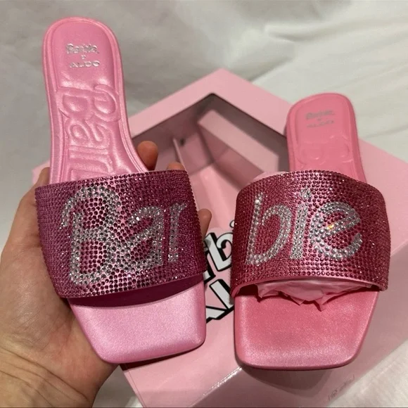 Aldo x Barbie Barbieville Pink Satin Rhinestone Flat Slide Sandals New Woman’s - Picture 4 of 11